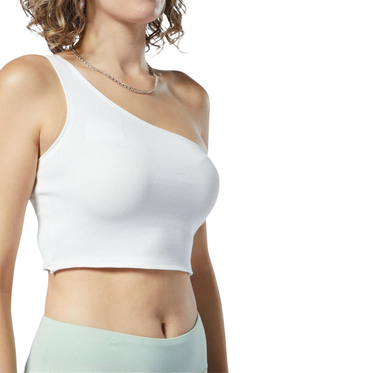 One Shoulder White Ribbed Crop Top