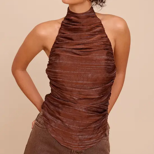 PLT Brown Ruched Halterneck Top