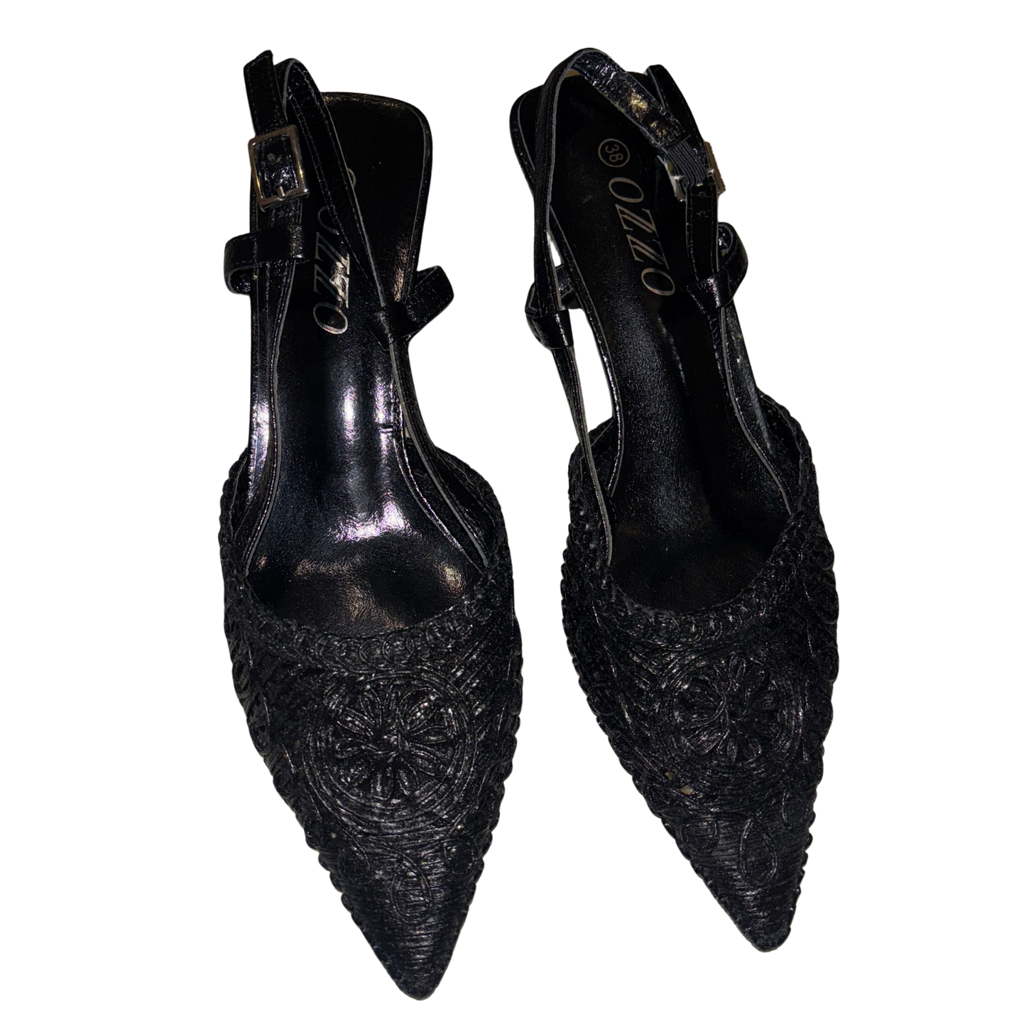 Black Embroidered Pointed Toe Heels