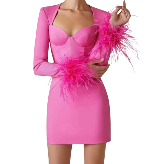 Hot Pink Feather Sleeve Mini Dress