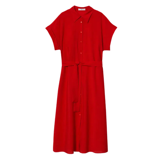 Mango Red Button Up Tie Front Collared Maxi Dress