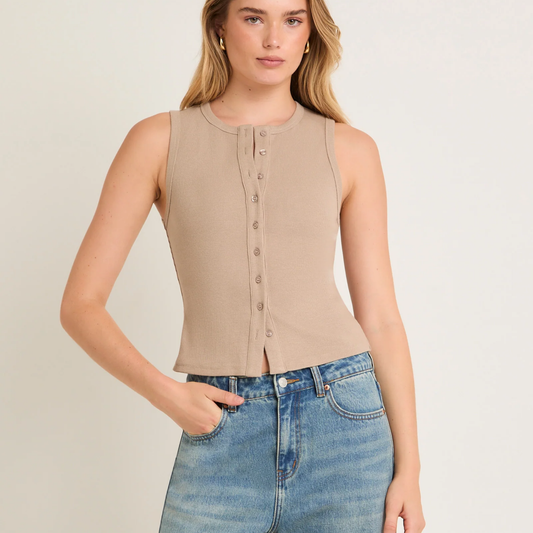 Beige Ribbed Button Up Sleeveless Top