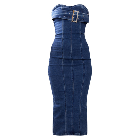 PLT Blue Denim Buckle Front Maxi Dress