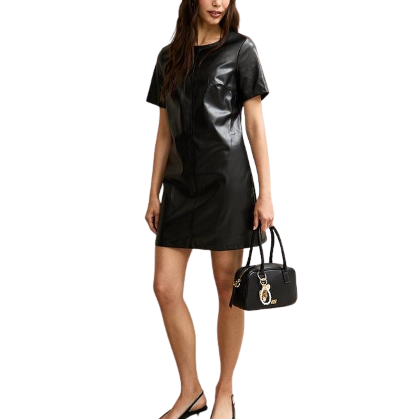 'Reserved' Black Leather Short Sleeve Dress