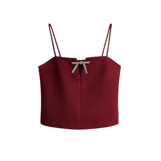 H&M Burgundy Satin Top With Diamante Bow