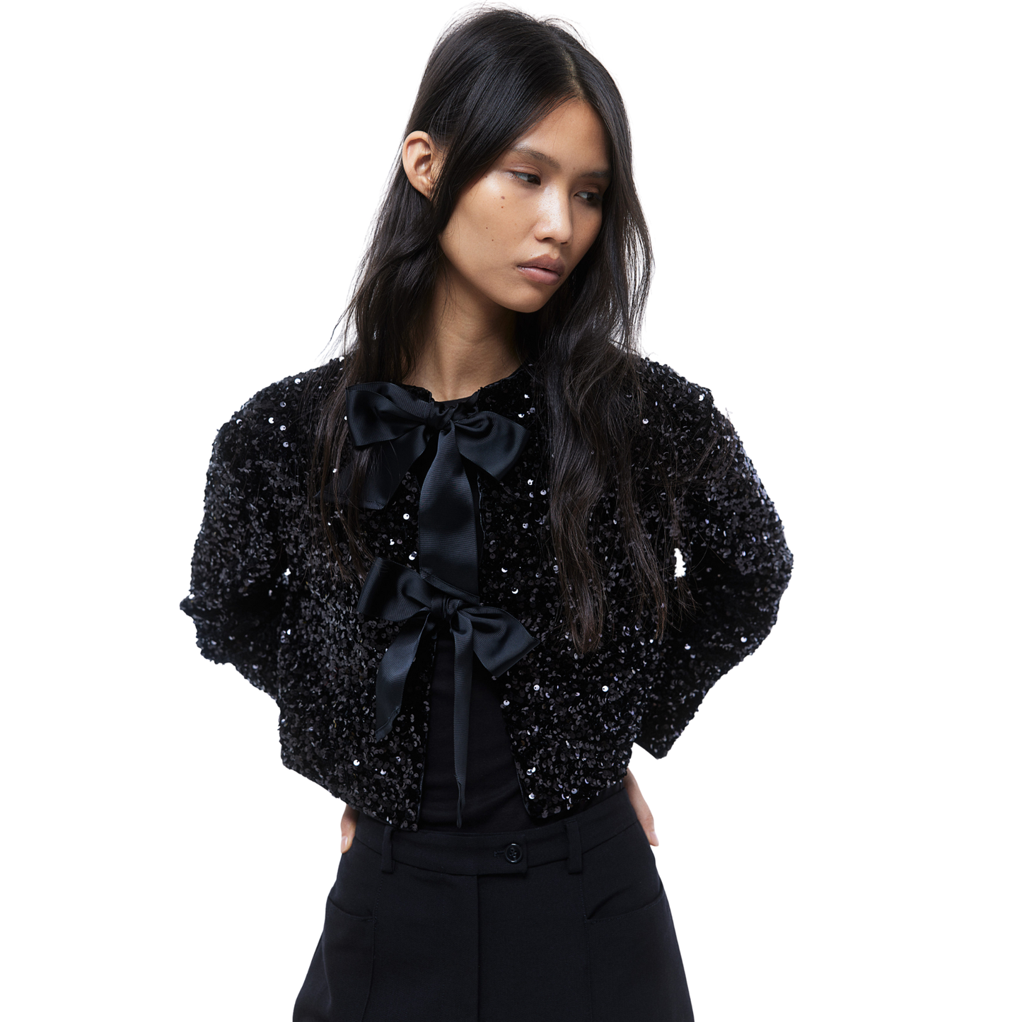 Black Sequin Tie Front Shirt