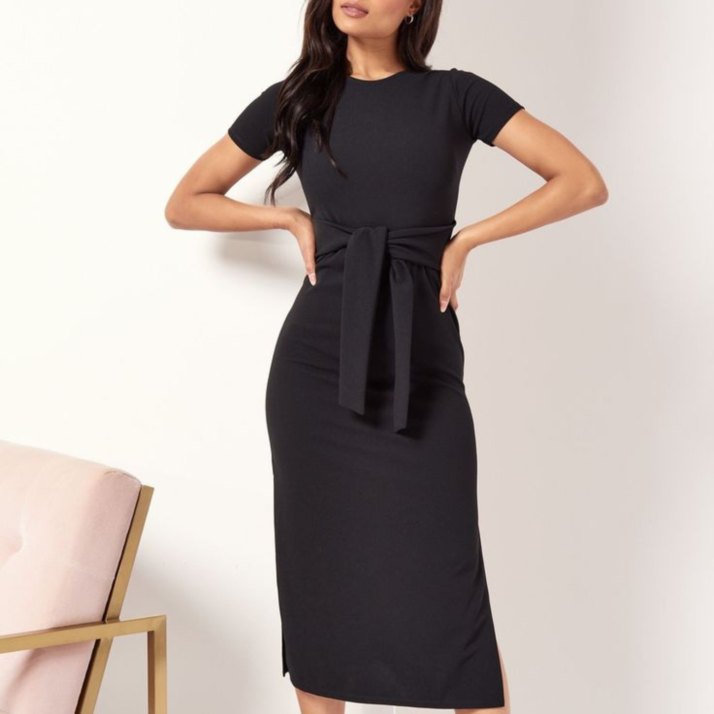Lipsy Black Tie Waist Midi Dress