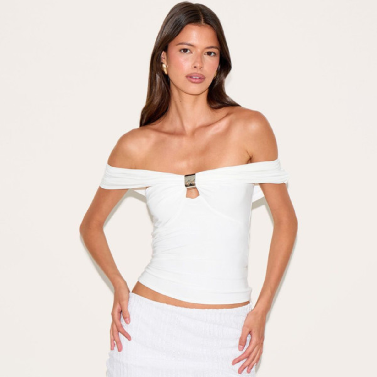 PLT White Slinky Off Shoulder Top