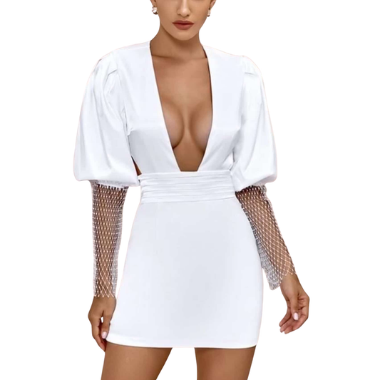White Bubble Sleeve Mini Dress