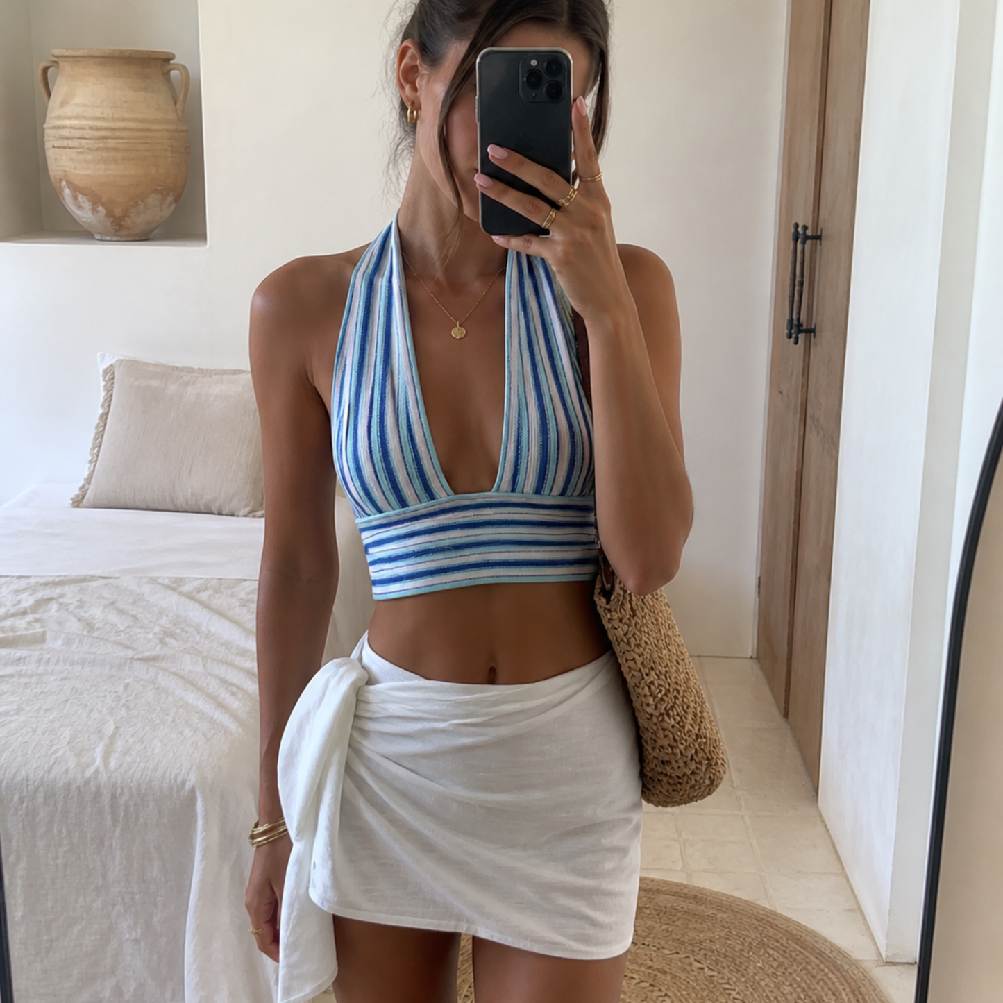 Blue Striped Halterneck Top