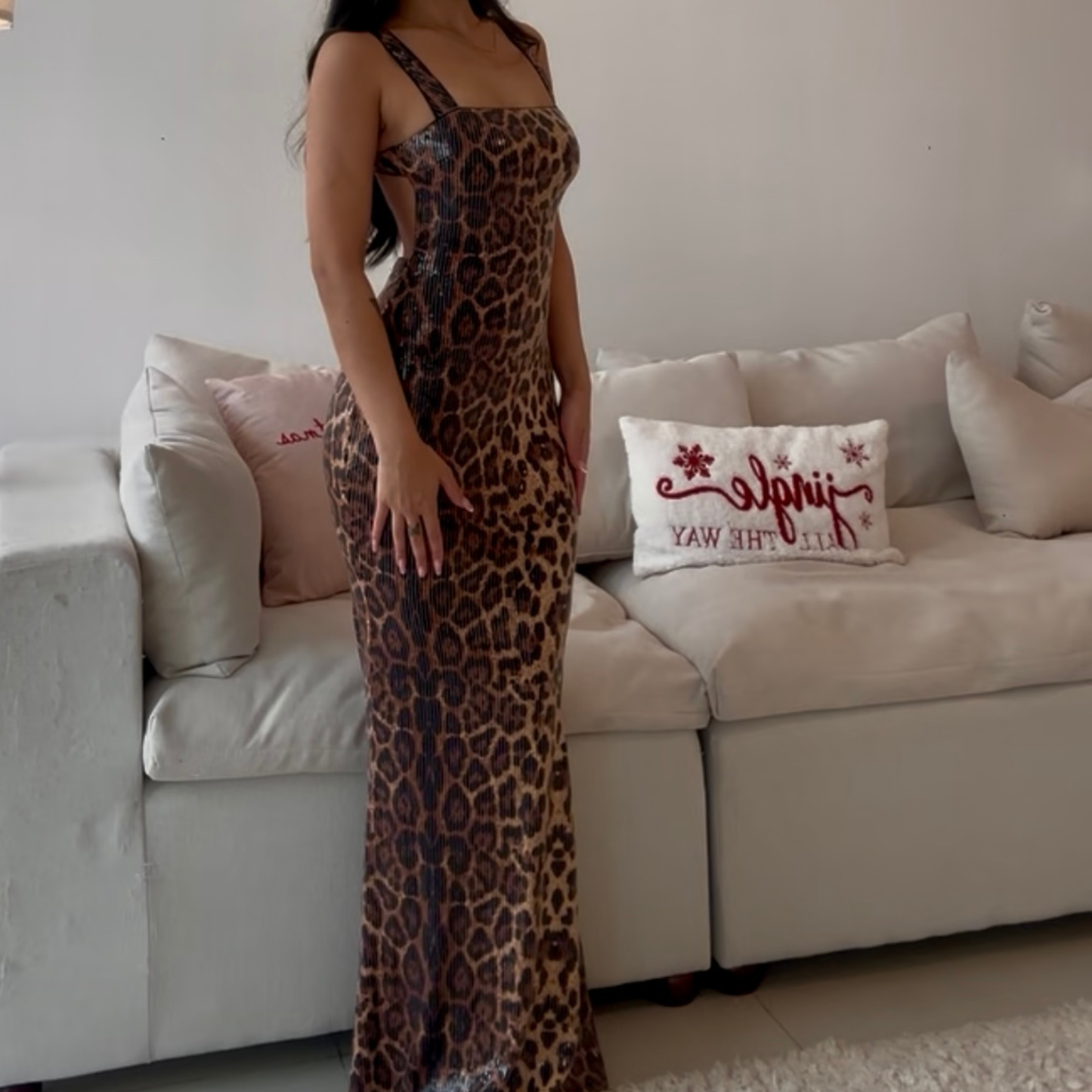 Leopard Print Sequin Maxi Dress