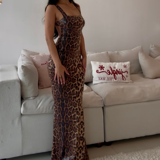 Leopard Print Sequin Maxi Dress
