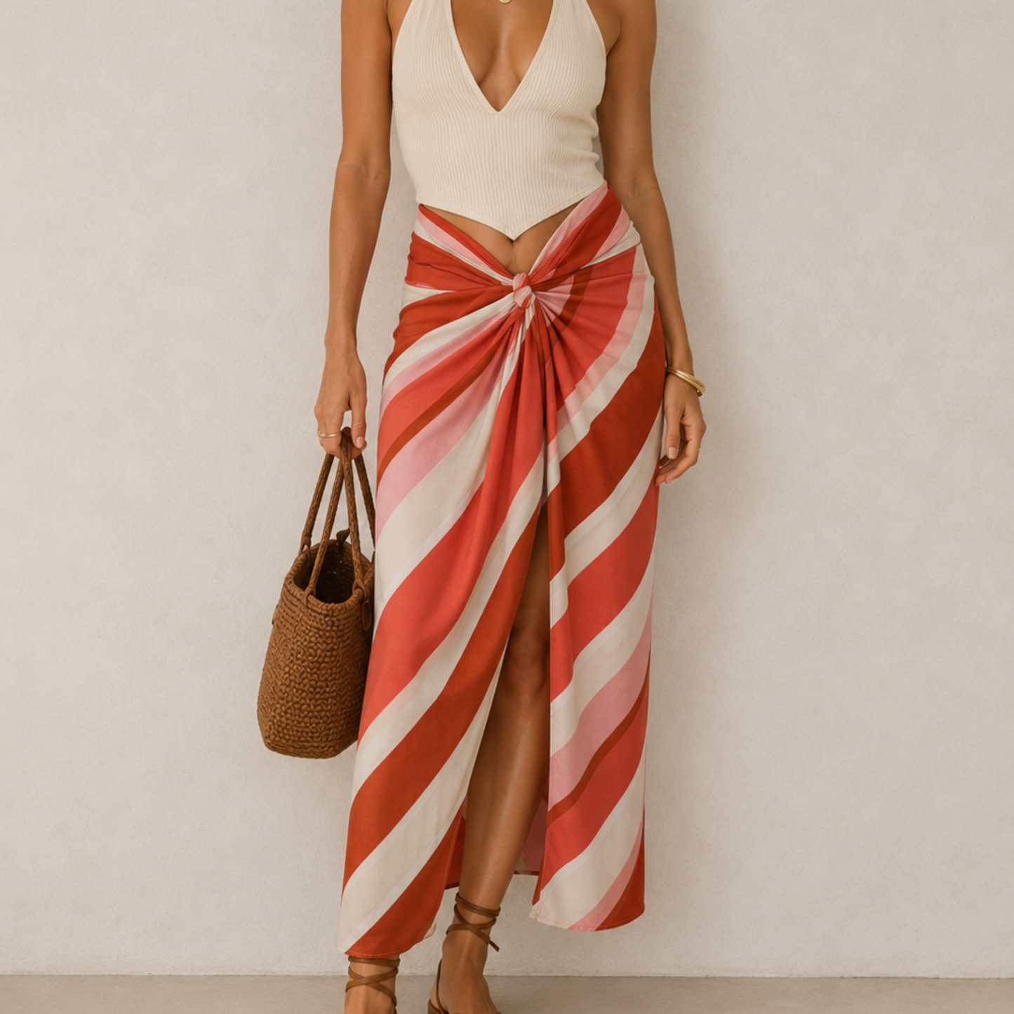Mango Pink & Orange Striped Skirt