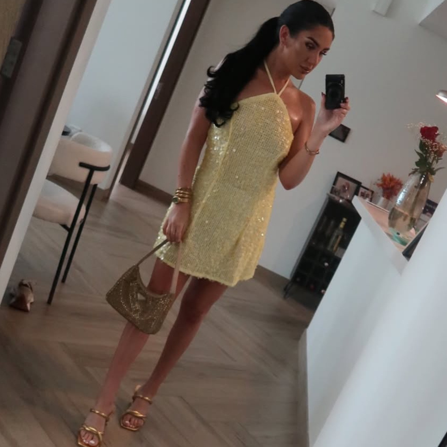 Yellow Sequin Halterneck Mini Dress