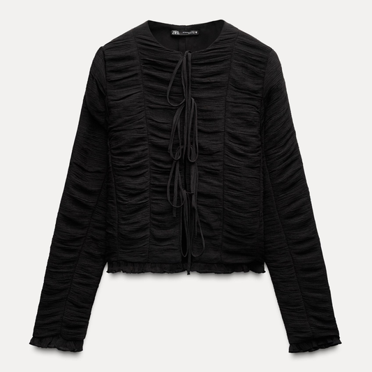 Zara Black Ruched Mesh Tie Front Top