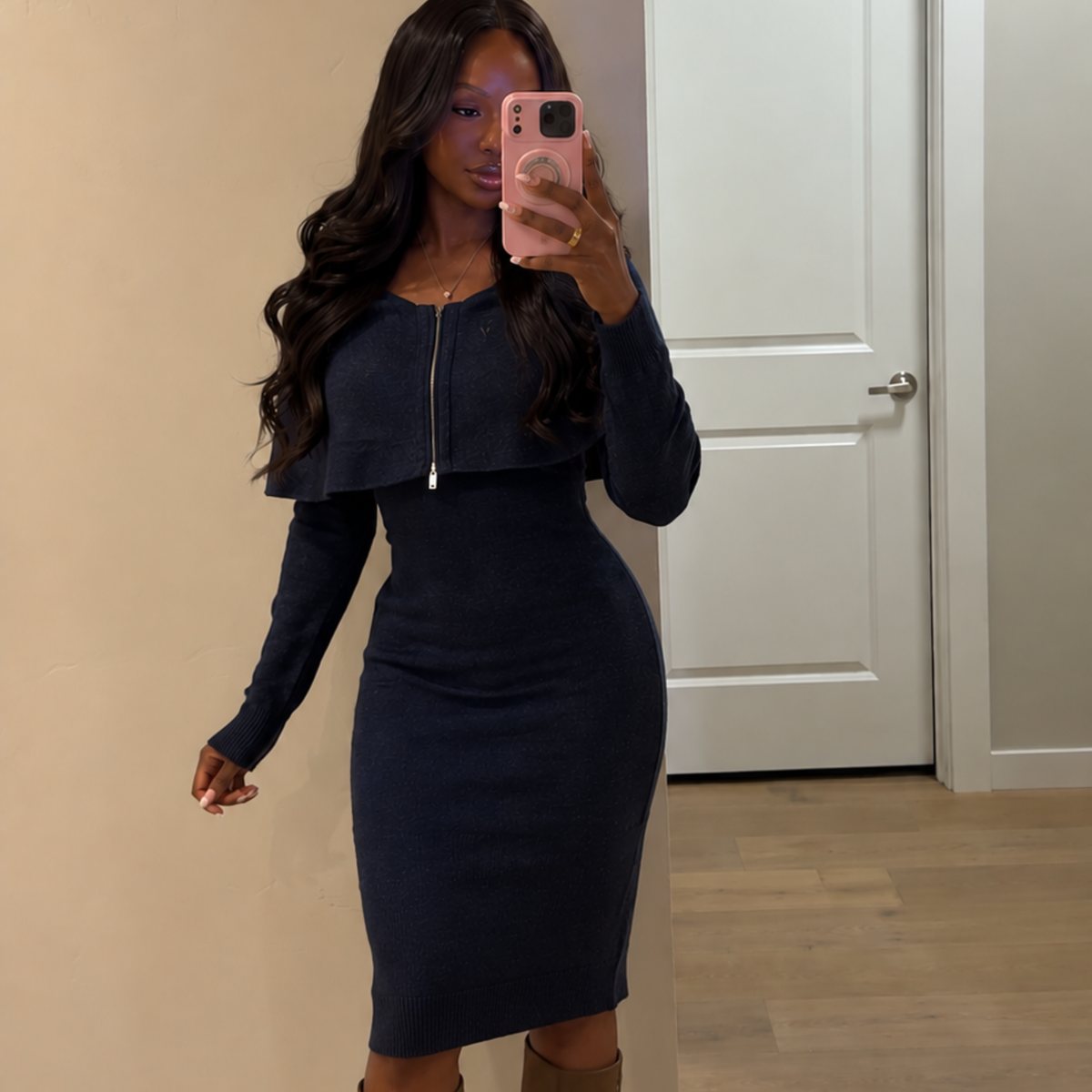 COS Navy Speckle Woolen Midi Dress