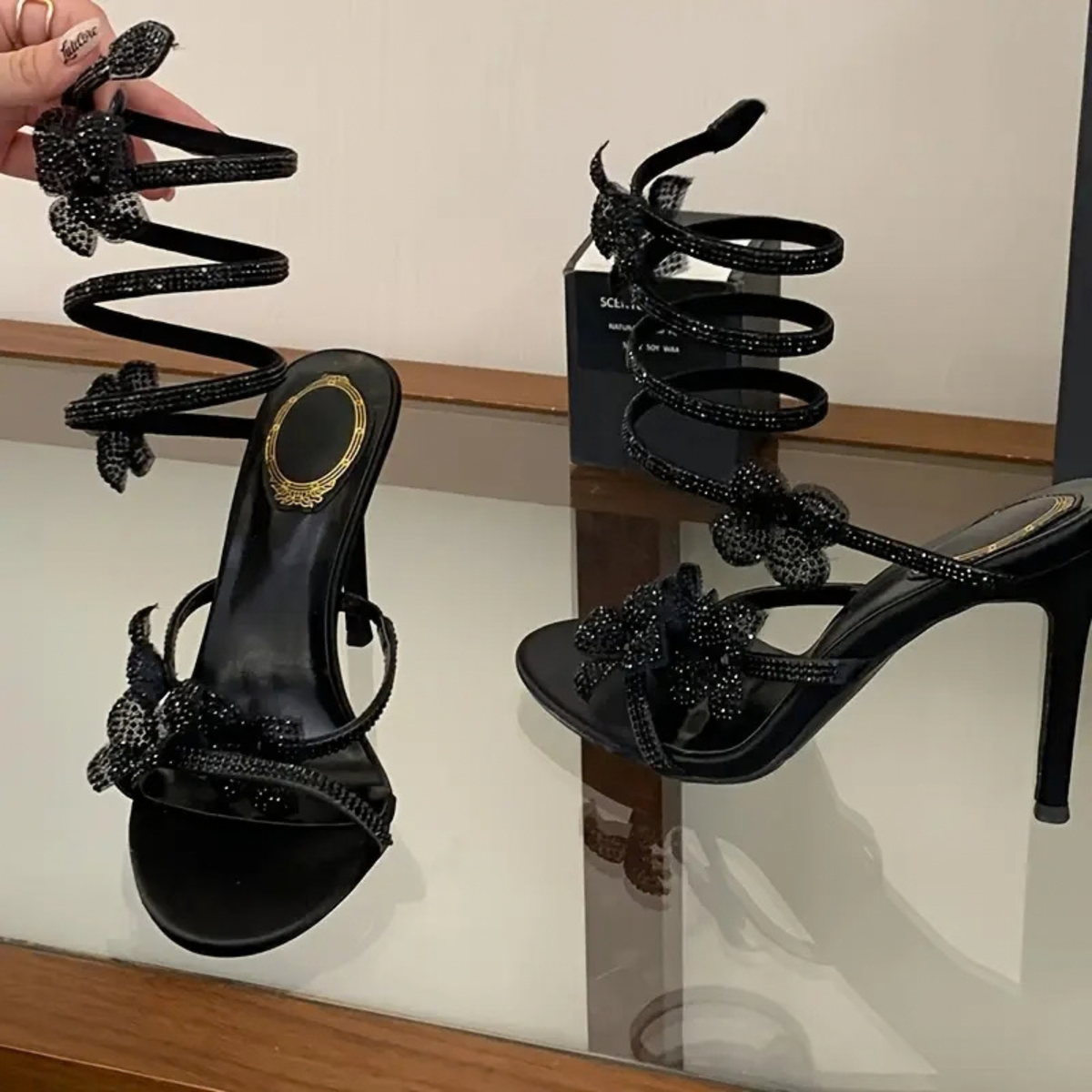 Black Floral Wrap Heels With Sparkle Sole