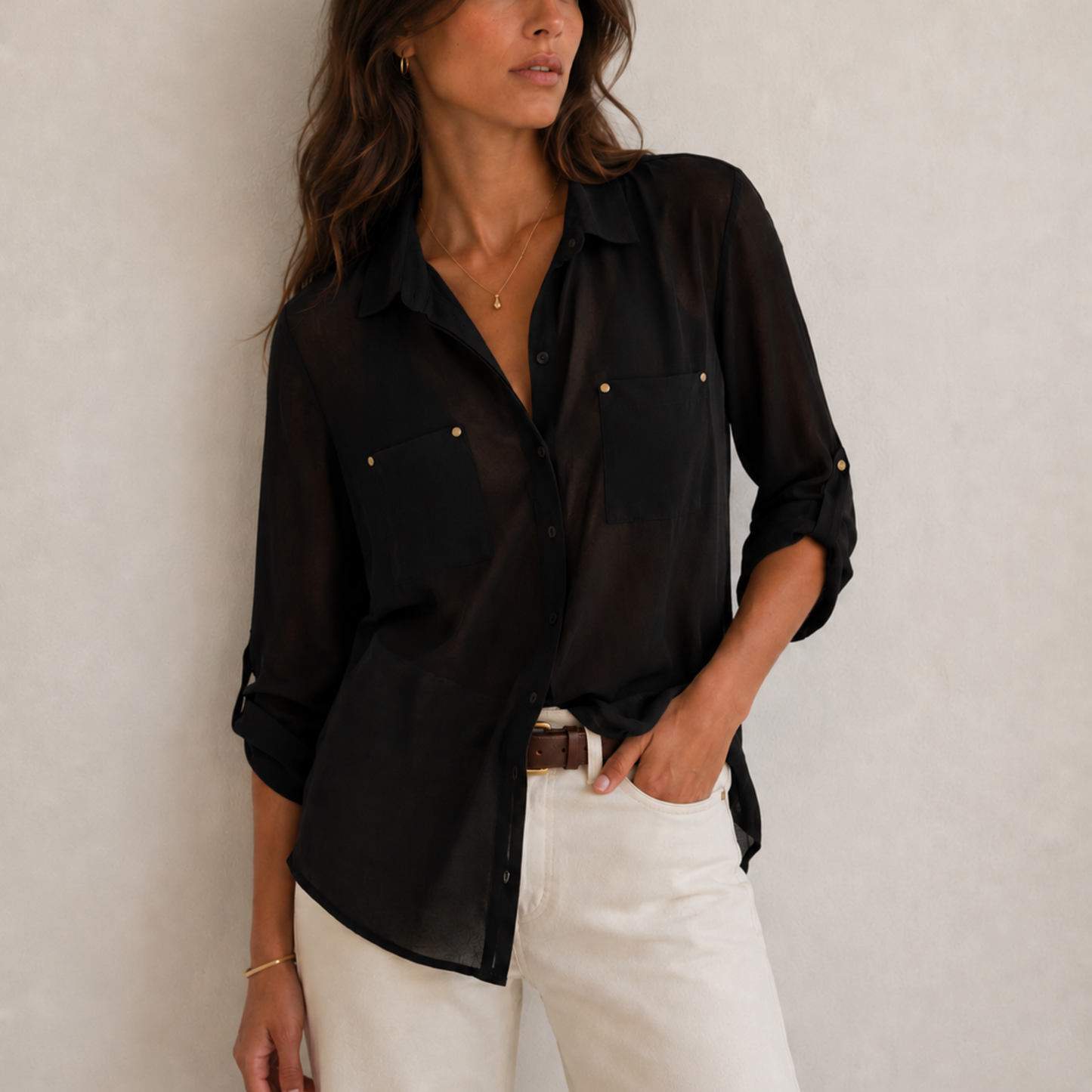 Black Mesh Sheer Button-Up Shirt