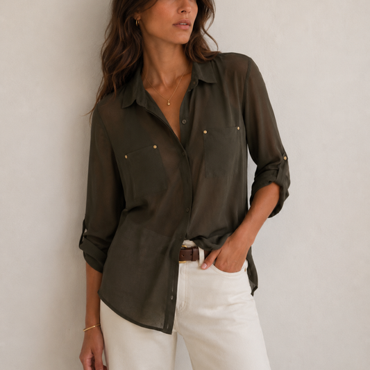 Khaki Mesh Sheer Button-Up Shirt