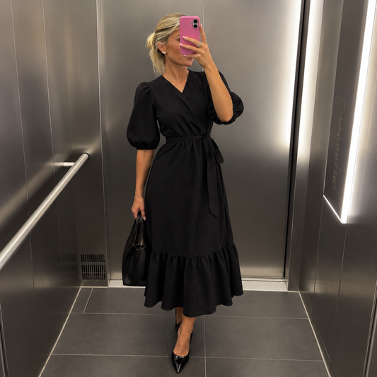 F&F Black Puff Sleeve Midi Dress