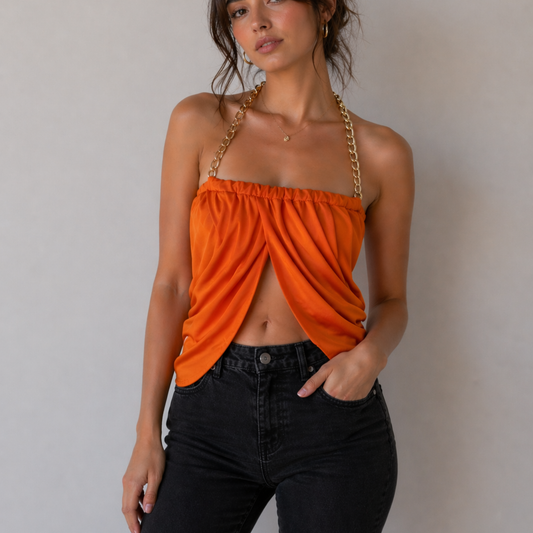 Orange Halterneck Chain Crop Top