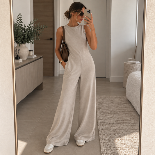 Lefties Beige Wide Leg Racer Neck Jumpsuit