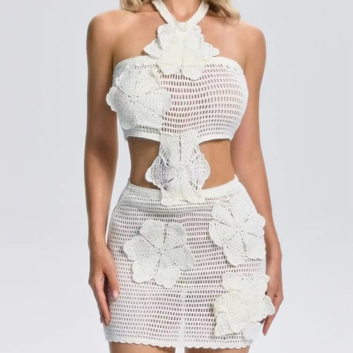 White Crochet Flower Detail Mini Dress