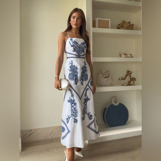 a model wearing the Zara White and Blue Patterned Dress from Closet Concierge