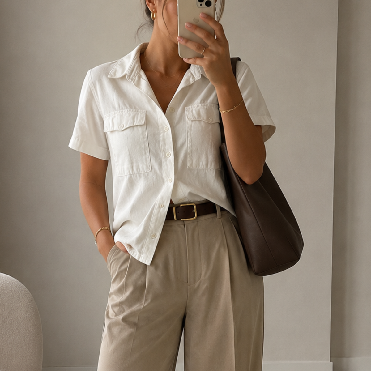 a model wearing the Zara White Denim Shacket from Closet Concierge