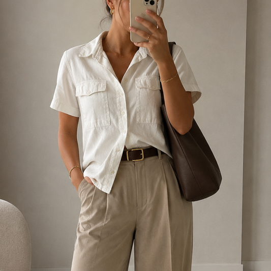 a model wearing the Zara White Denim Shacket from Closet Concierge