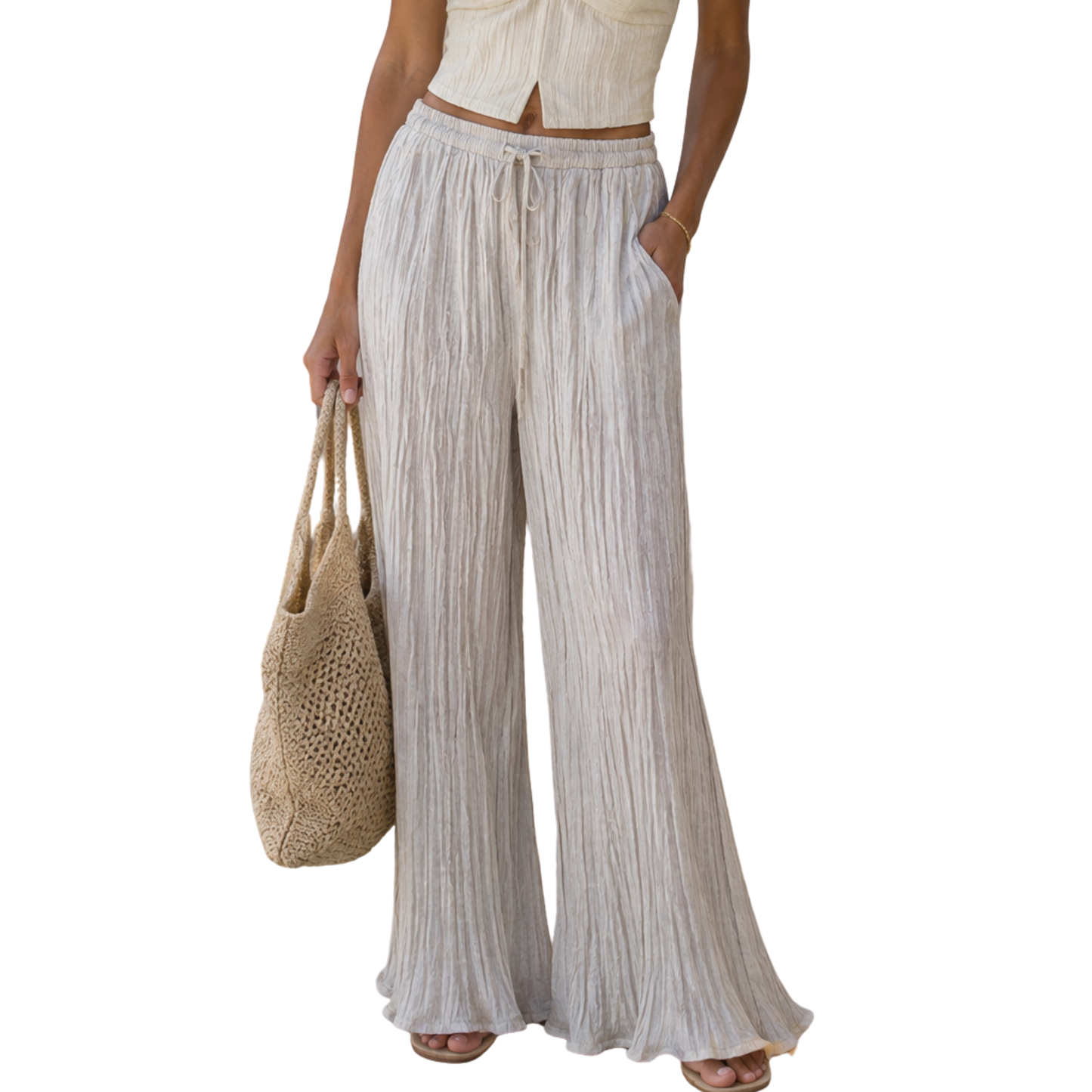 Bershka White Chenille Wide Leg Trousers