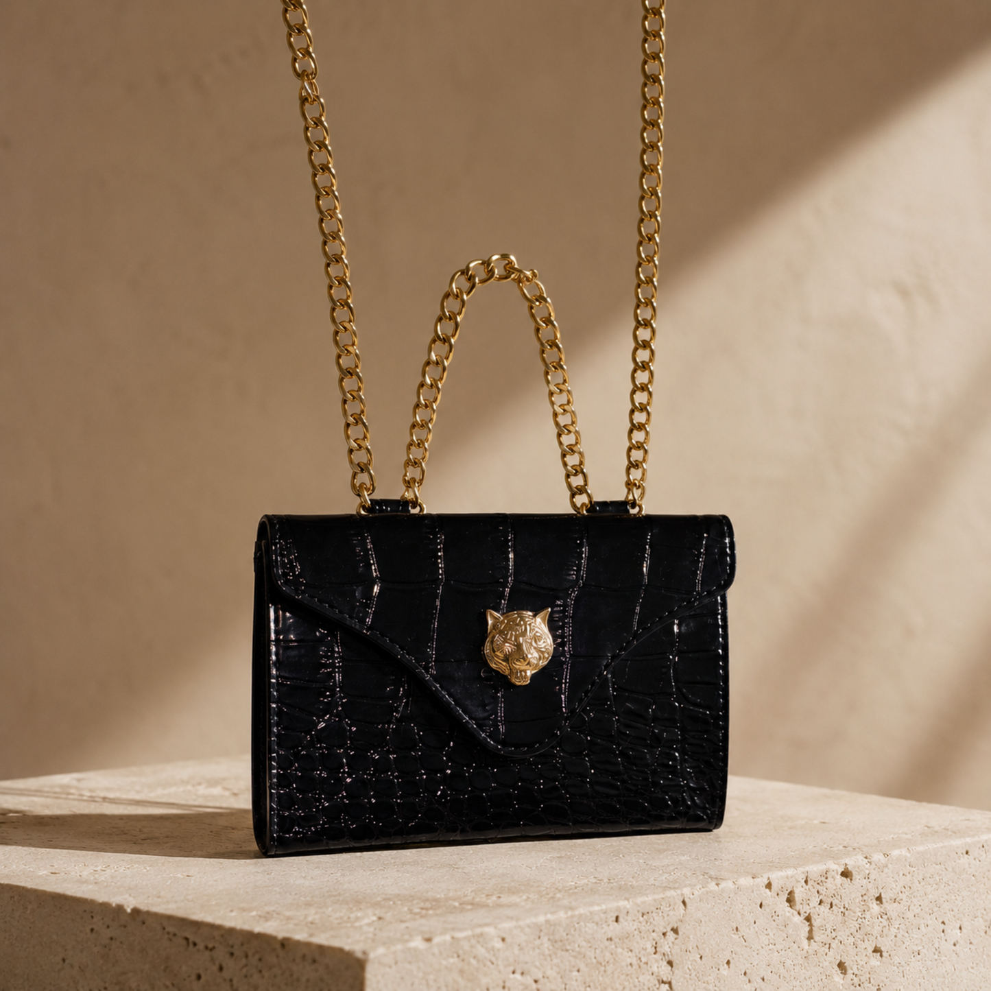 Black Patent Gold Chain Waist Bag