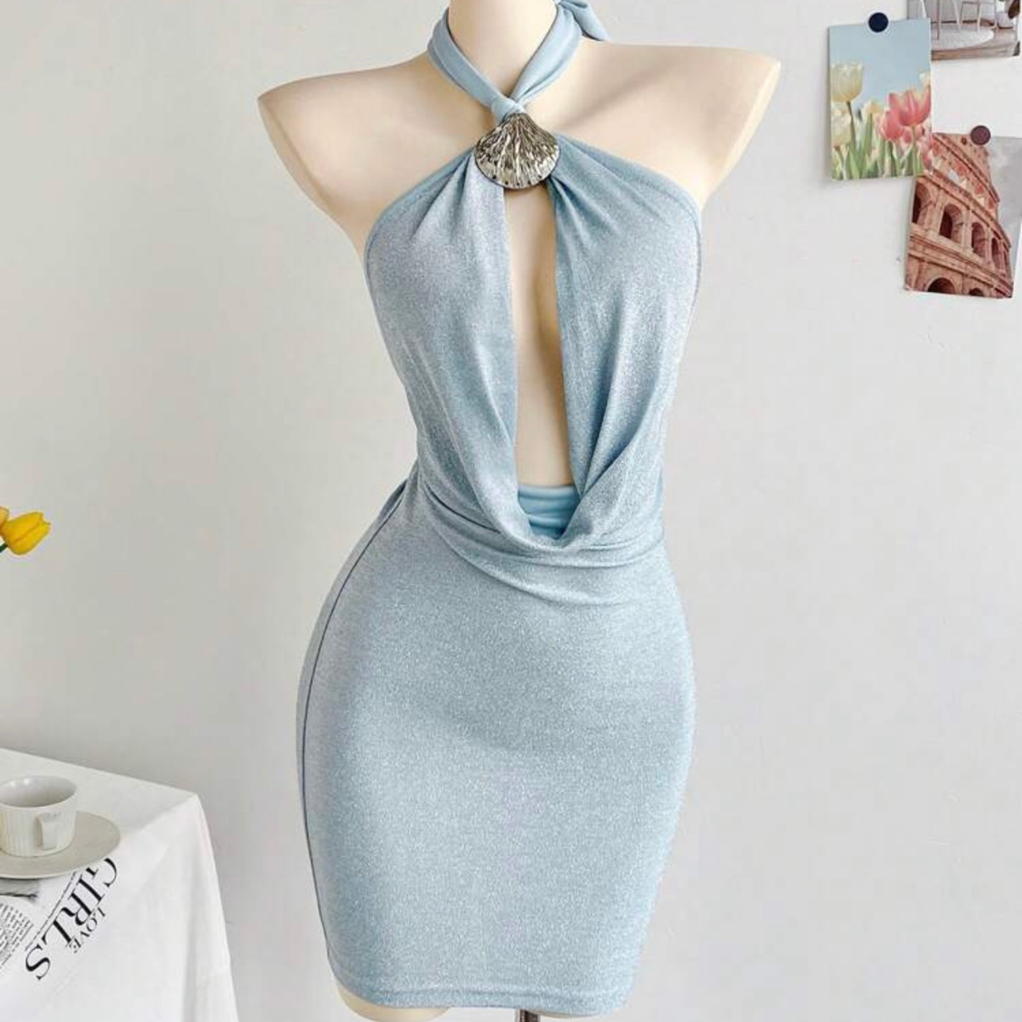 light blue sparkly halterneck mini dress from closet concierge