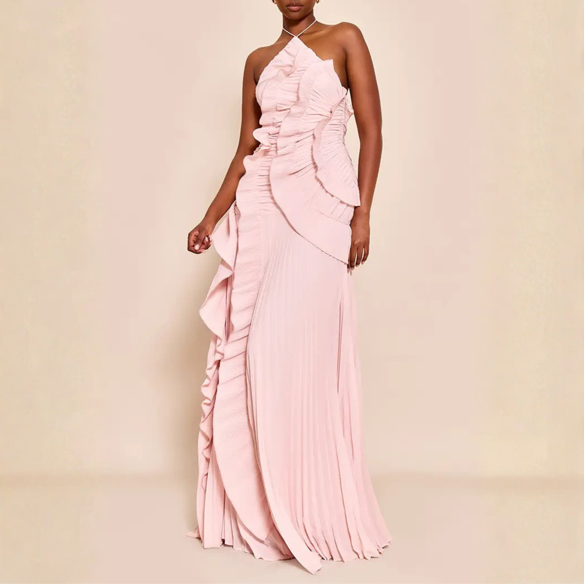 a model wearing plt blush frill maxi dress from closet concierge