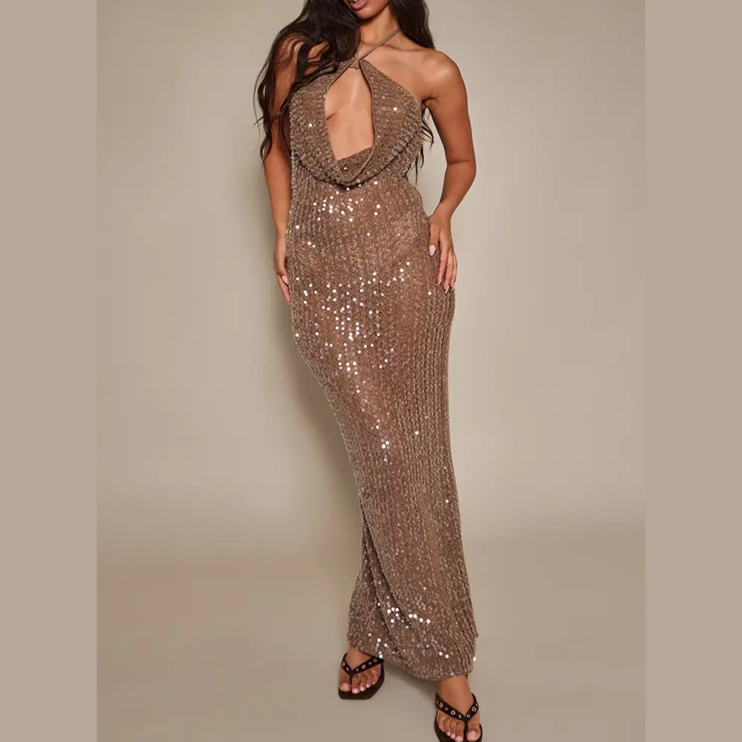 a model wearing the plt brown sequin cowl neck maxi dress from closet concierge